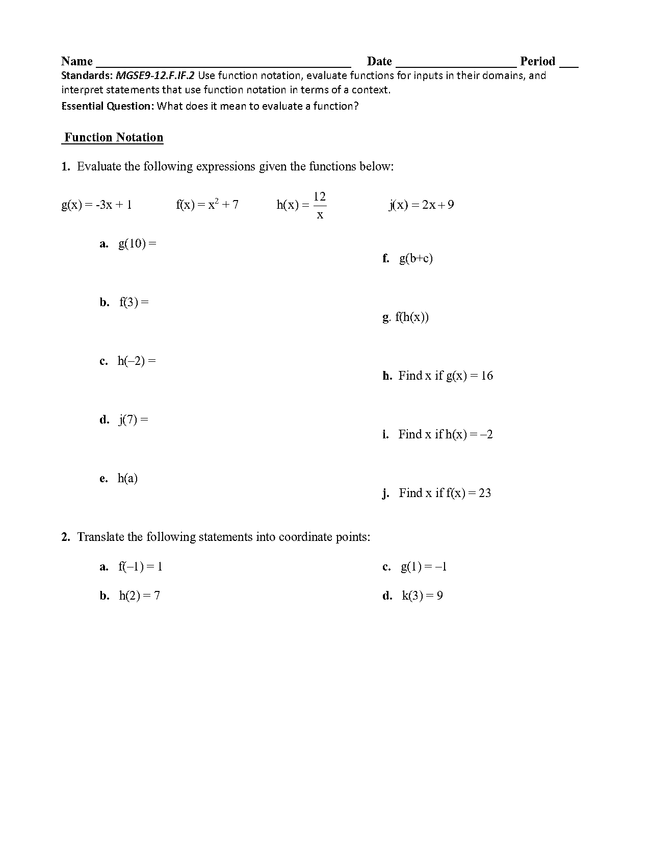 evaluating expressions with function notation worksheet