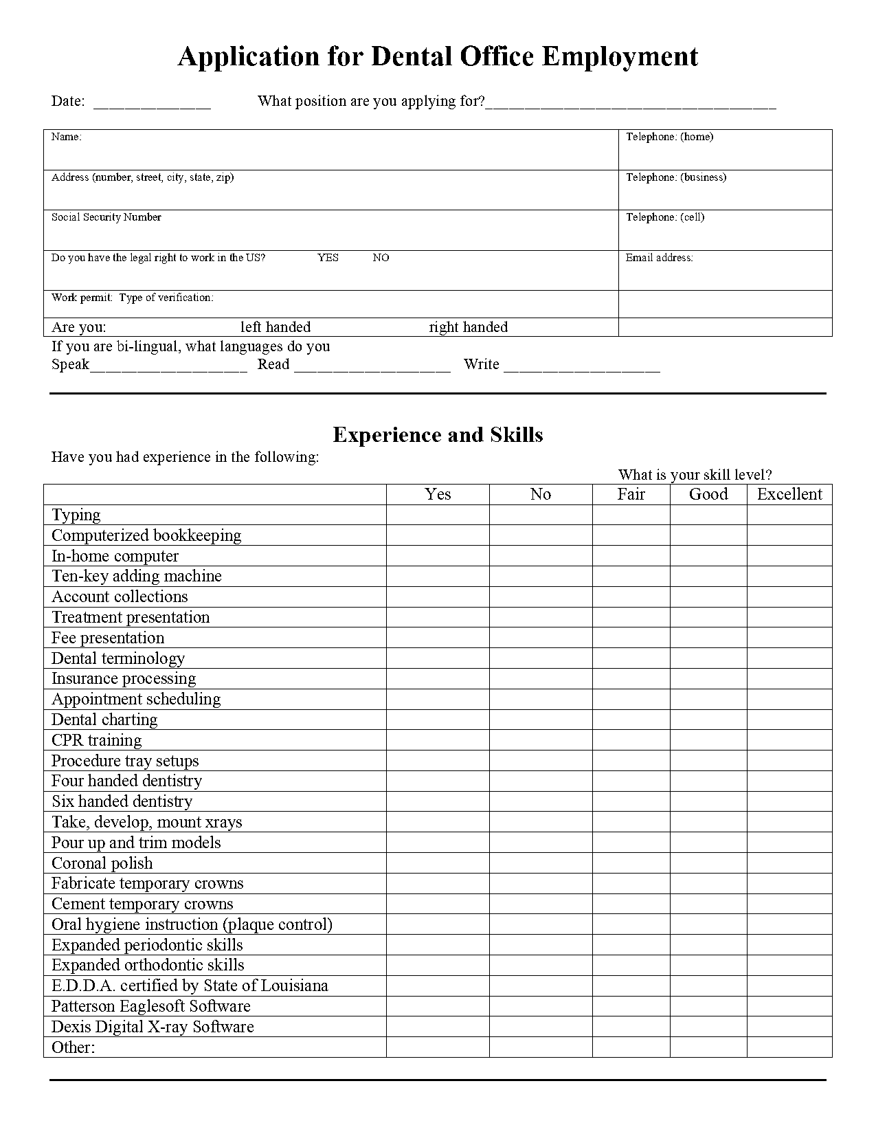 application for dental office front desk sample