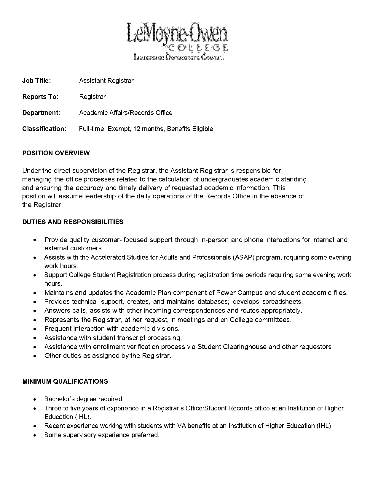 assistant registrar resume cover letter