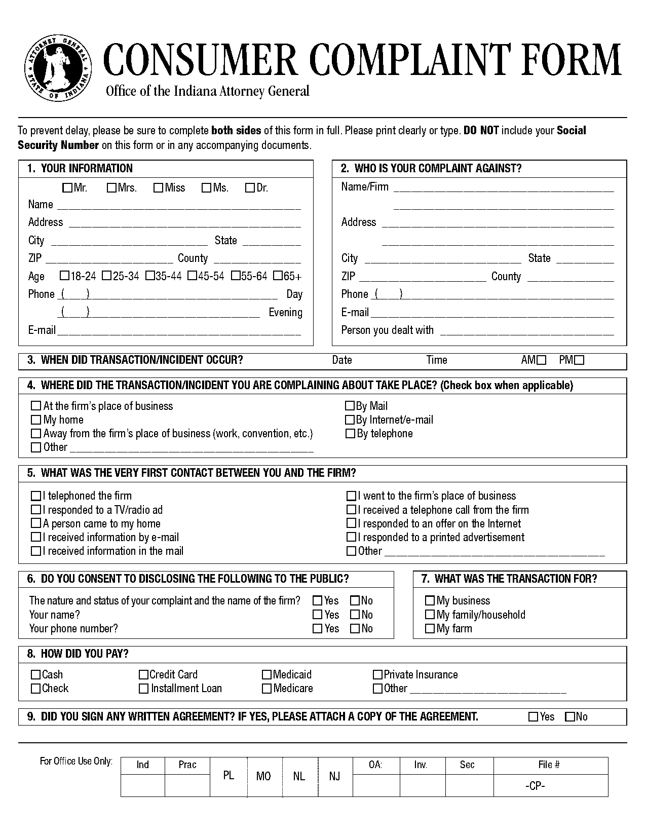 attonrey general complaint form indiana