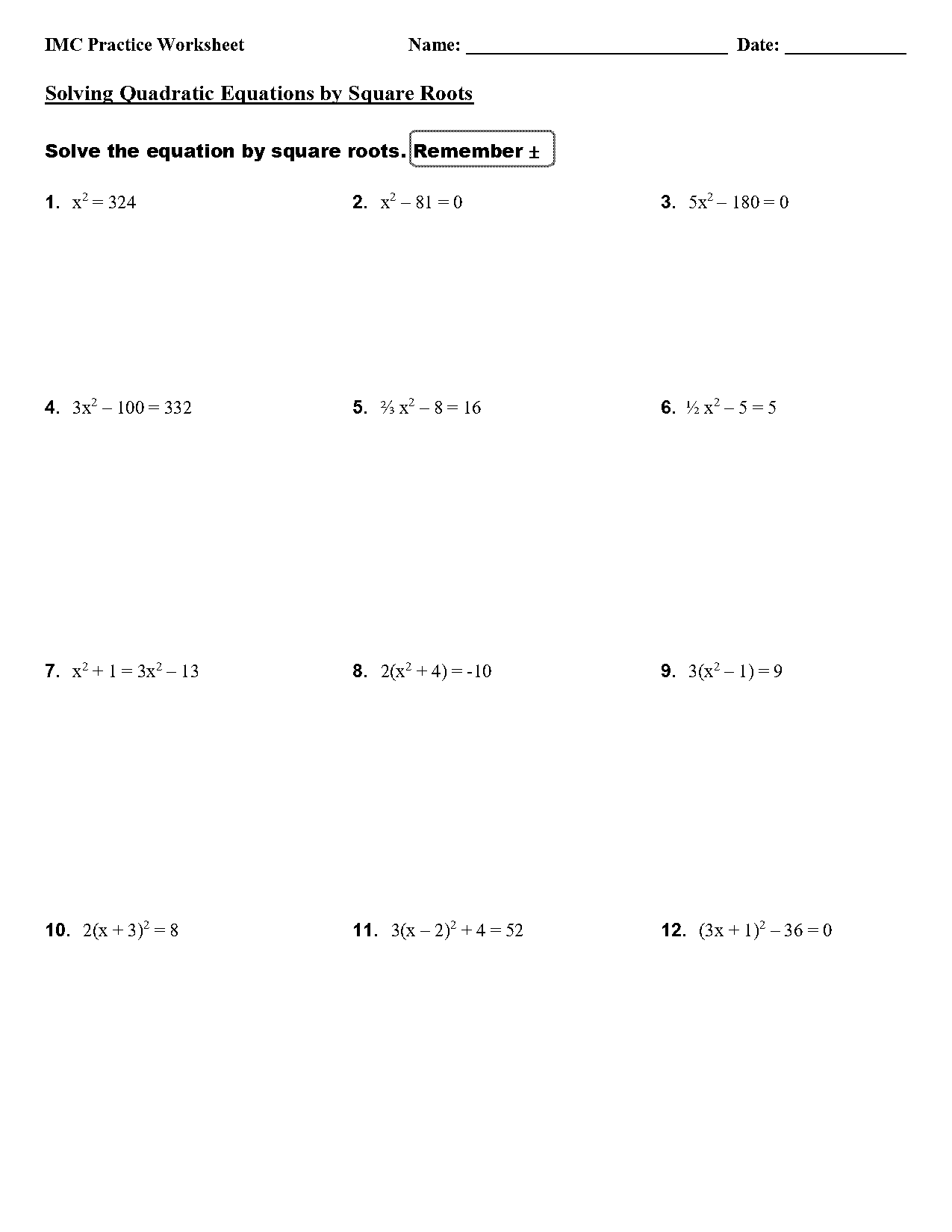 solve using square root property worksheet