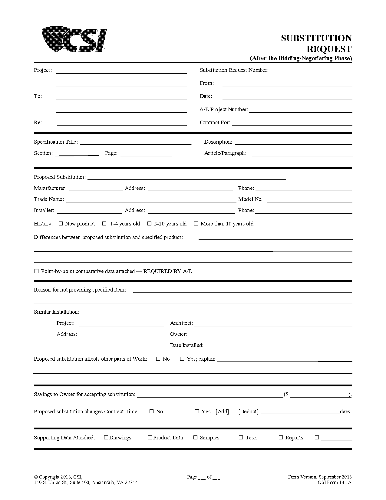 free csi bid form template