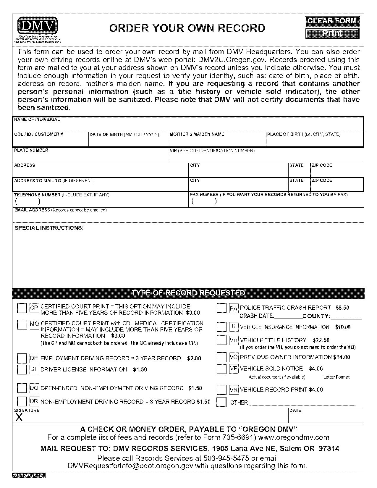 court print of driving record oregon