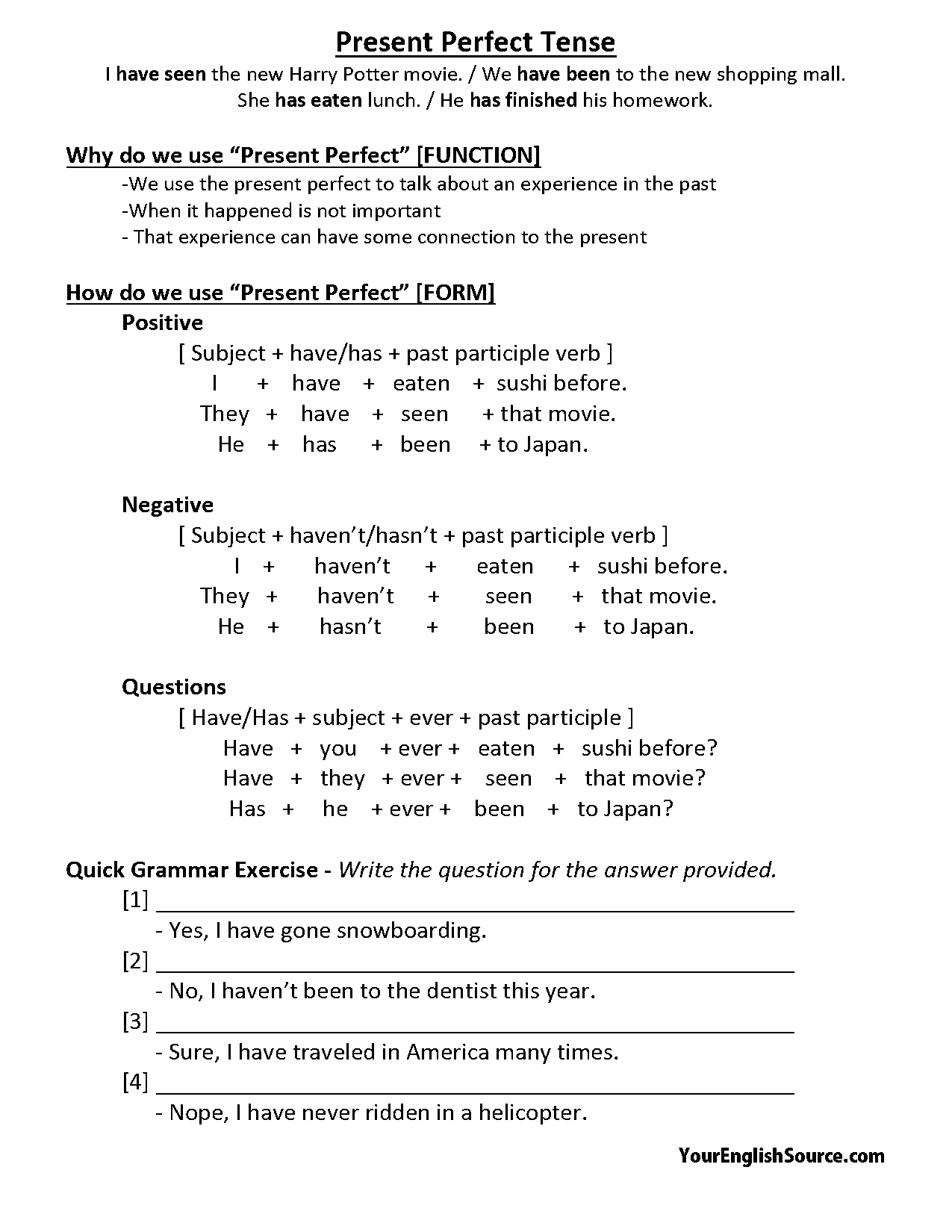 present perfect writing practice