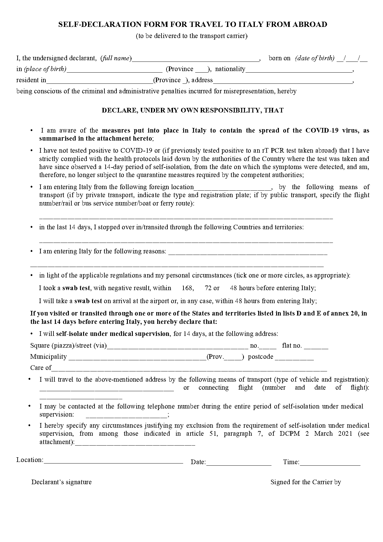 cash declaration form italy