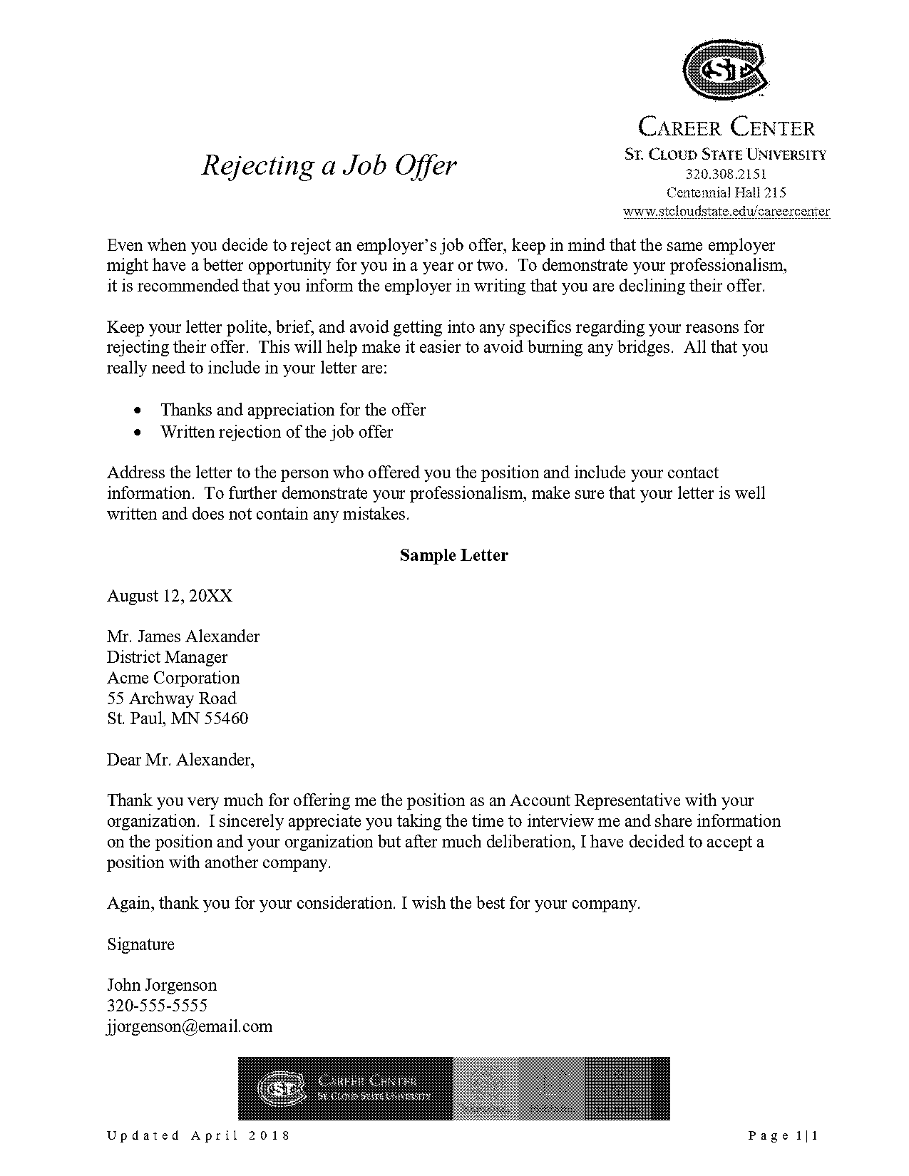 sample letters turning down a job offer