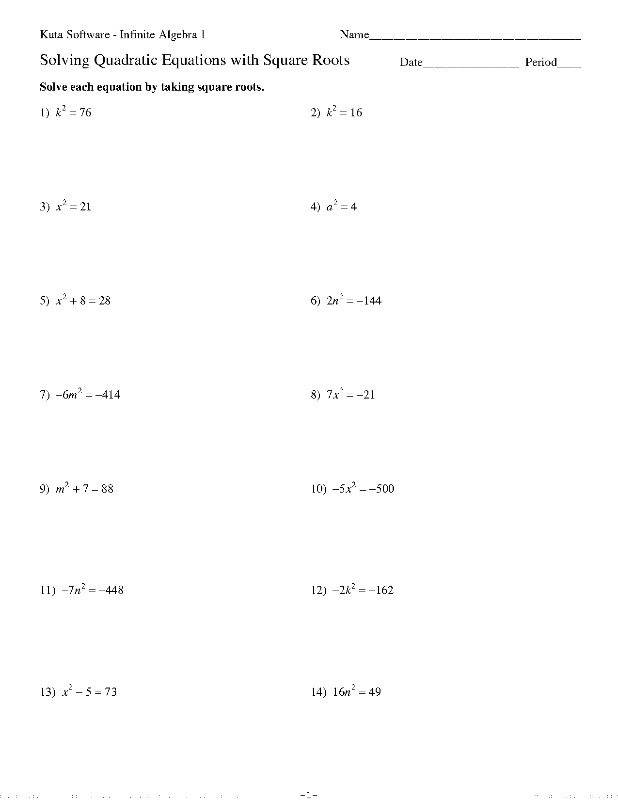 solve using square root property worksheet