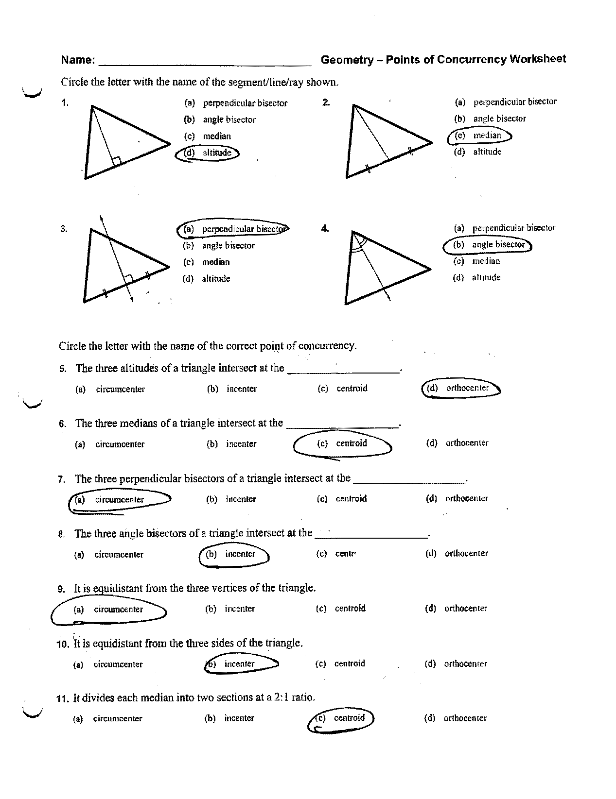 worksheets using points of concurrency