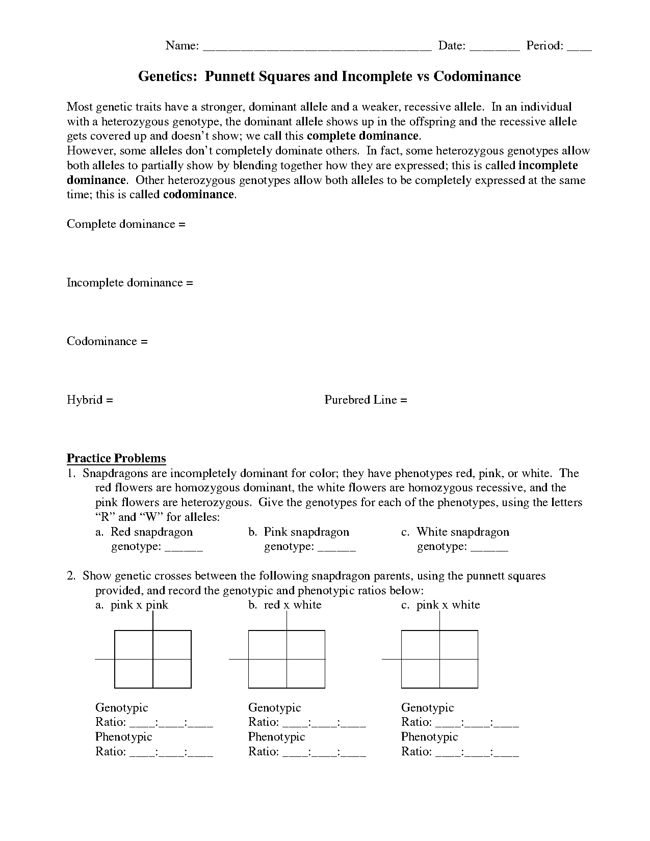 genetics punnett squares and incomplete vs codominance worksheet answer key