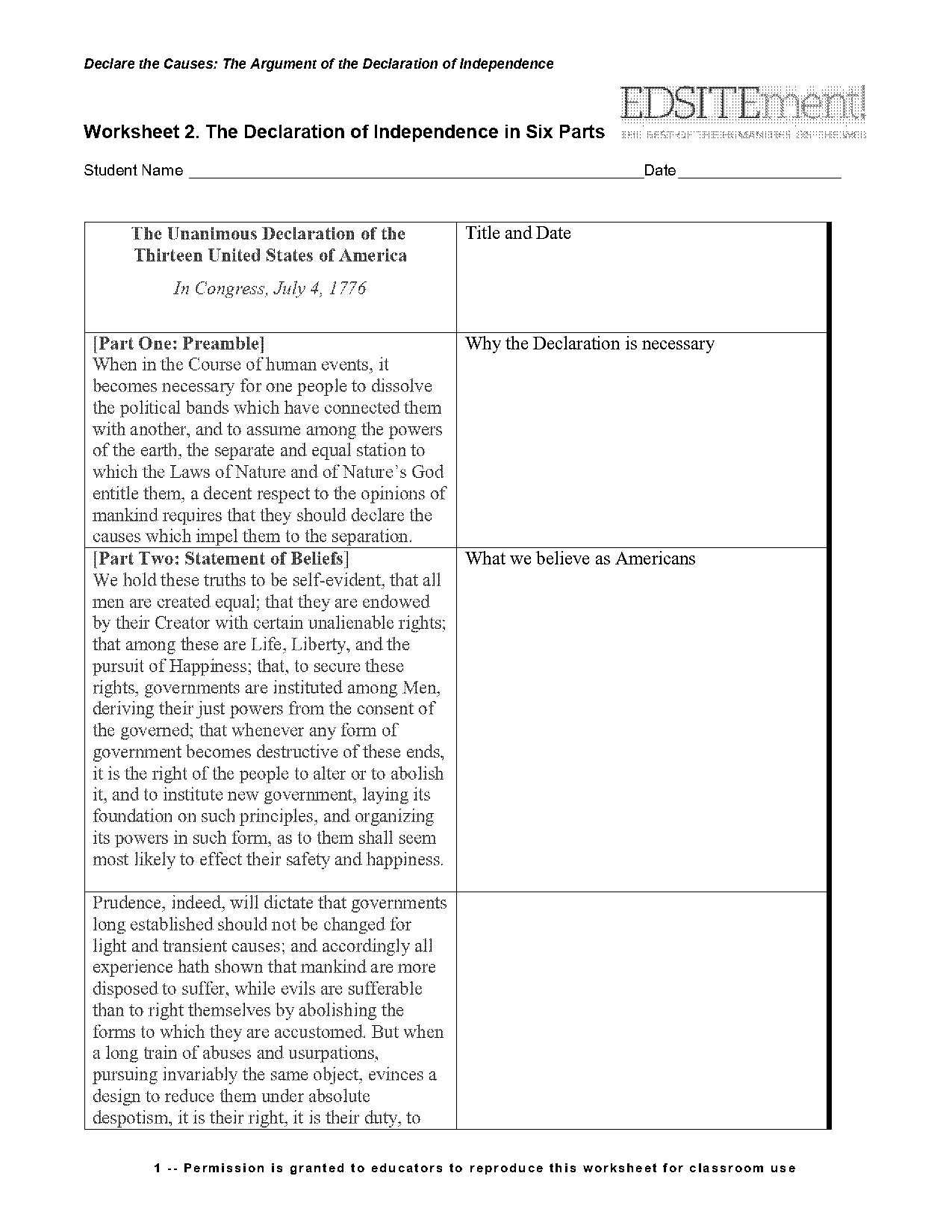 declaration of independence activity sheet