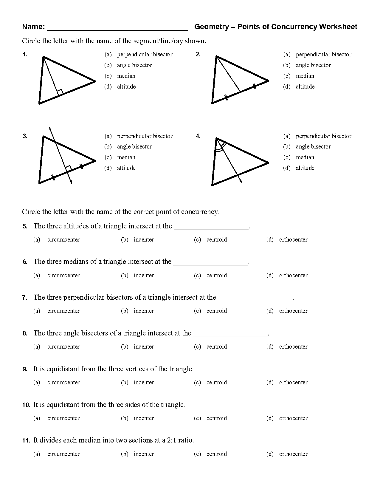 worksheets using points of concurrency