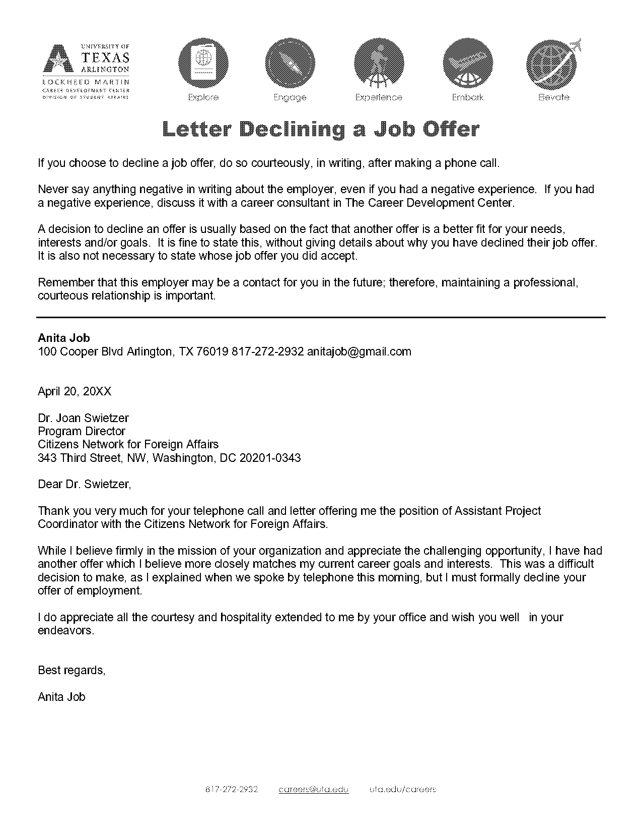 sample letters turning down a job offer