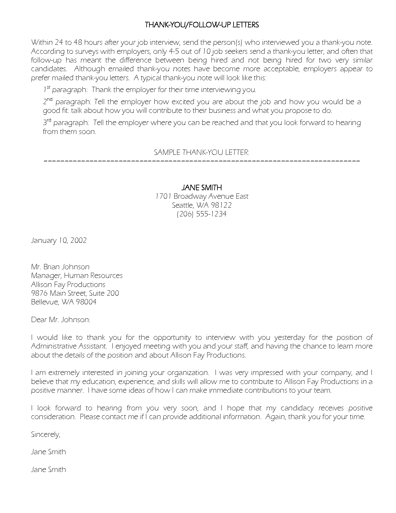 thank you letter to hr after interview