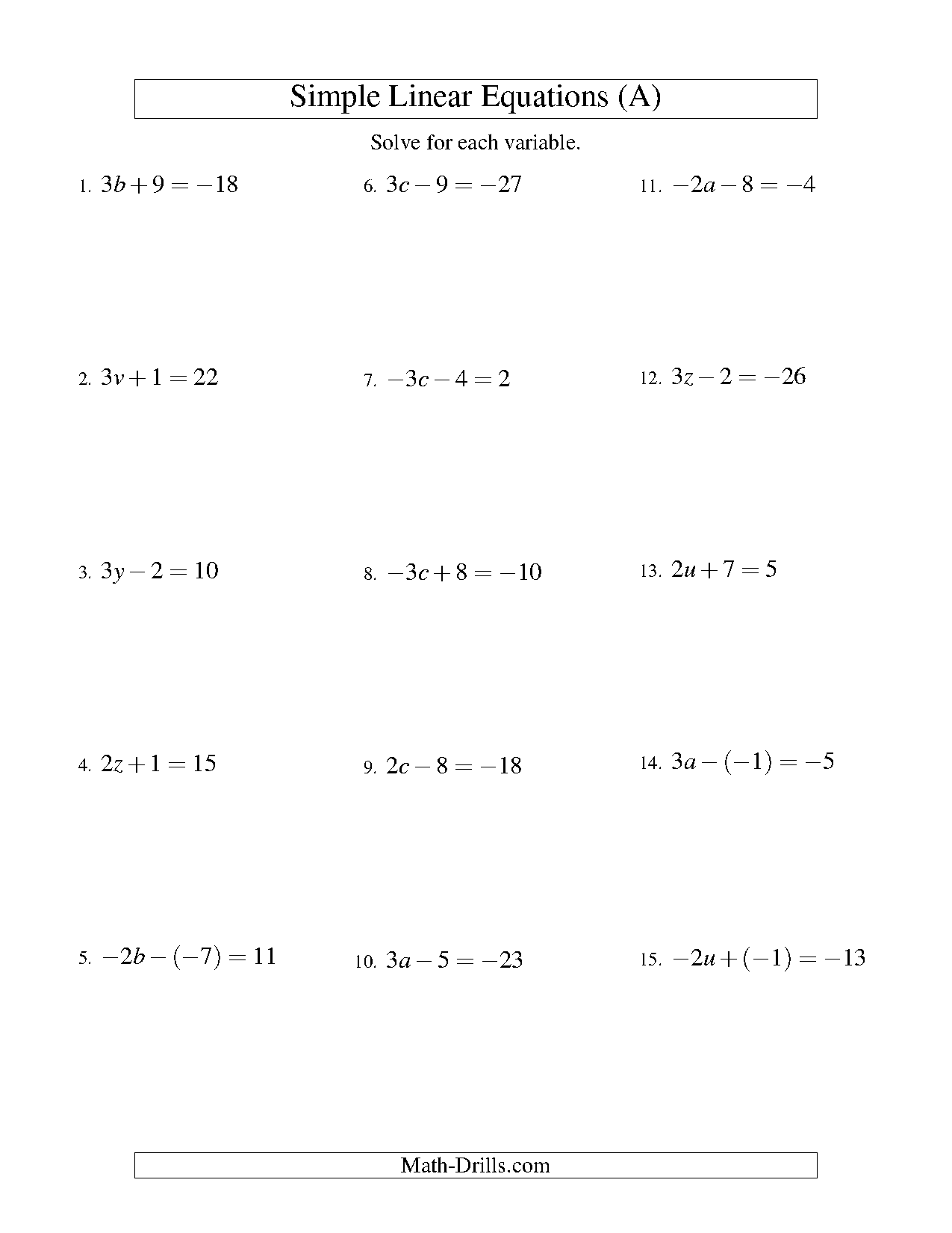 linear equation worksheet pdf