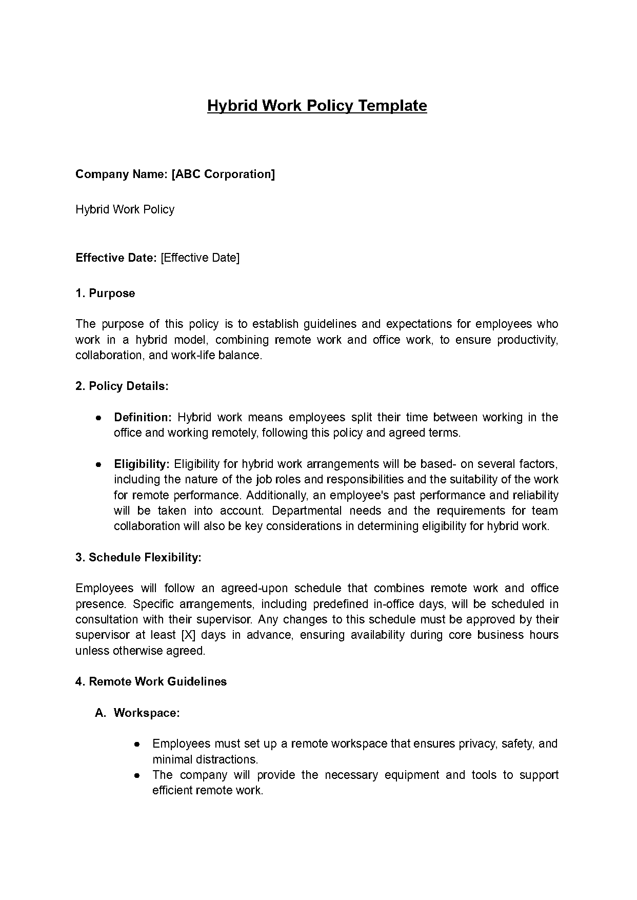 hybrid work schedule policy template