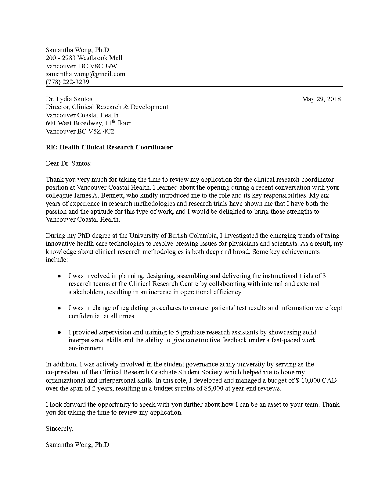 cover letter example research coordinator