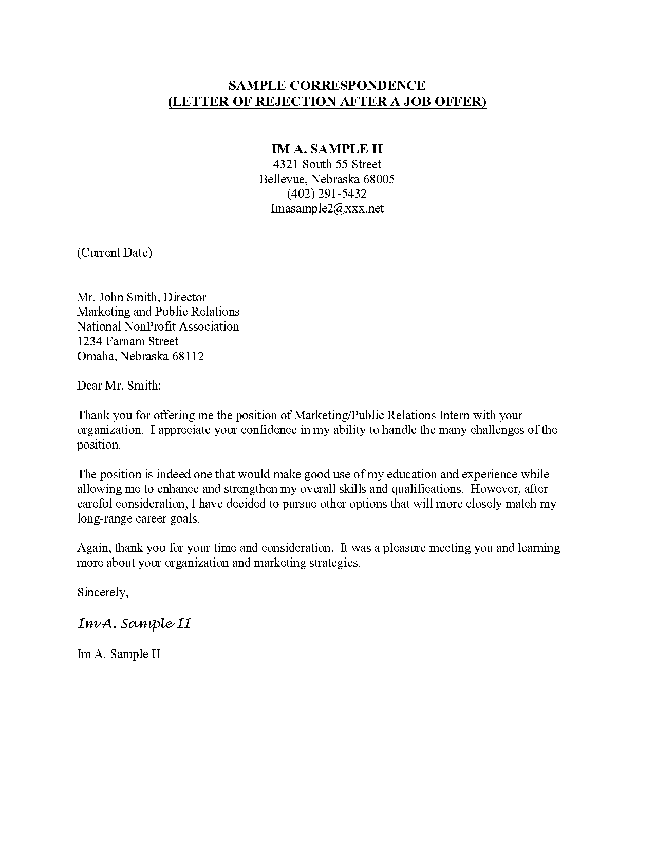 sample letters turning down a job offer