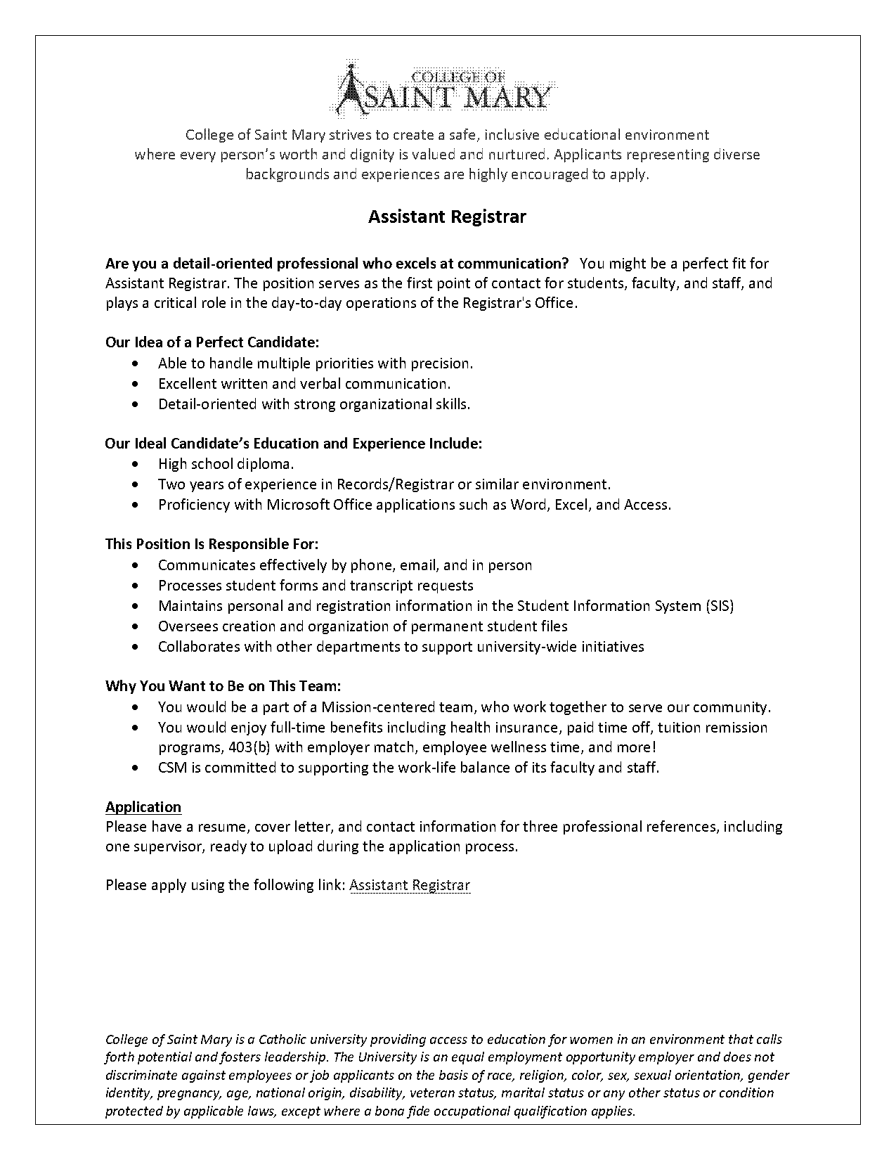 assistant registrar resume cover letter