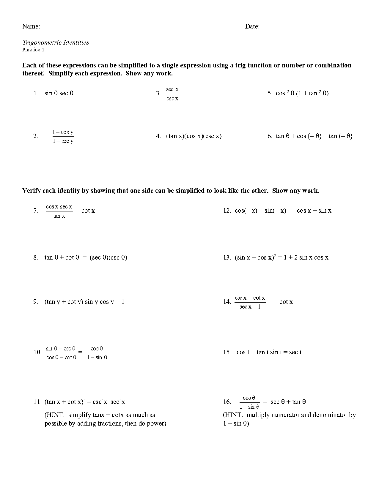 fundamental trig identities simplify worksheet pdf