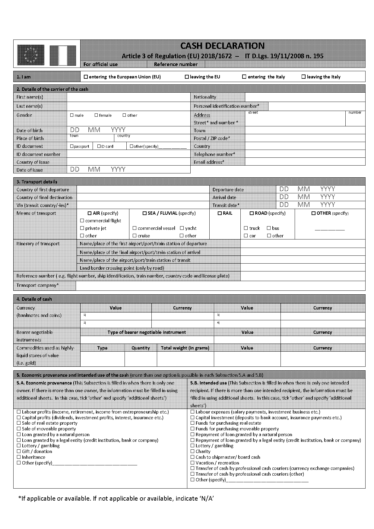 cash declaration form italy