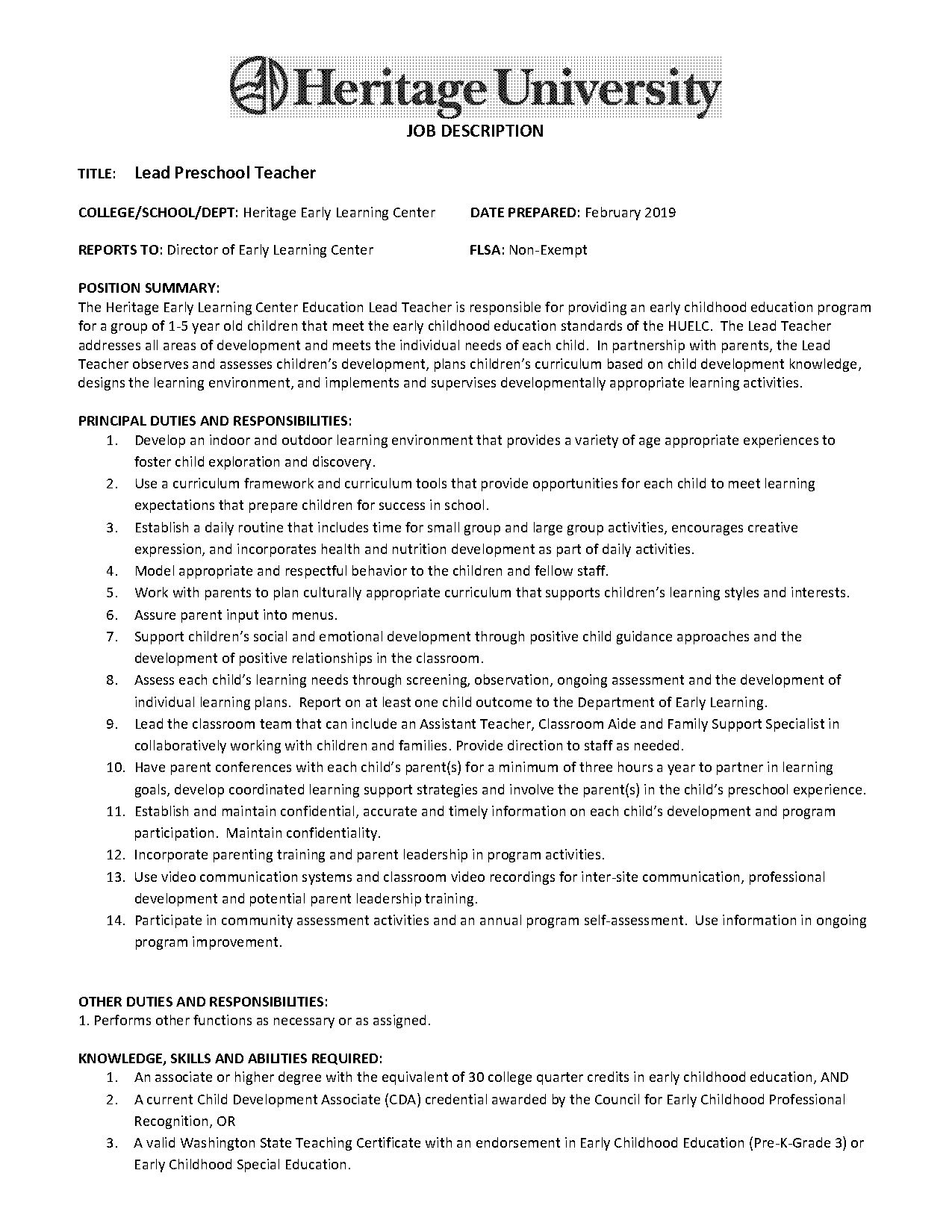 pre k lead teacher resume