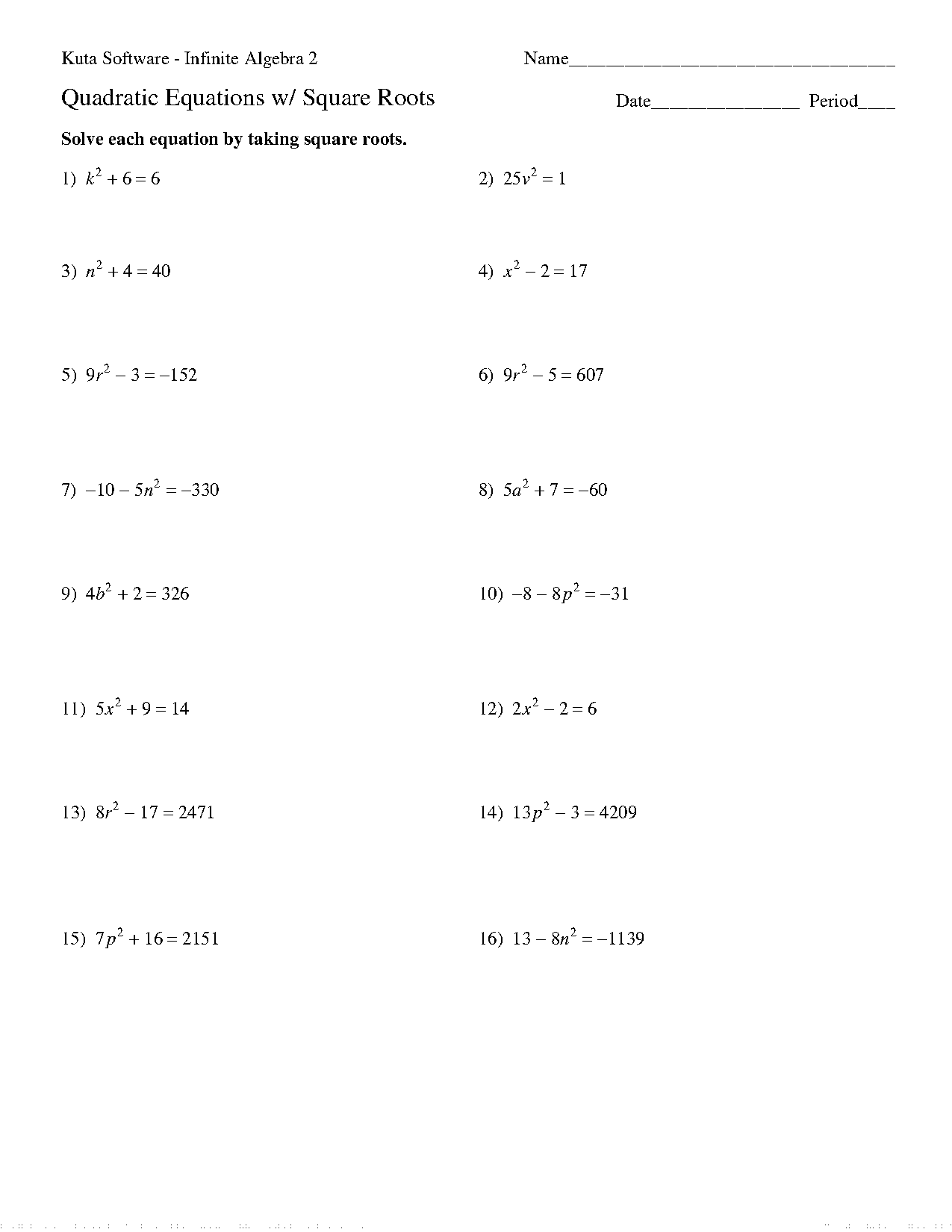 solve using square root property worksheet