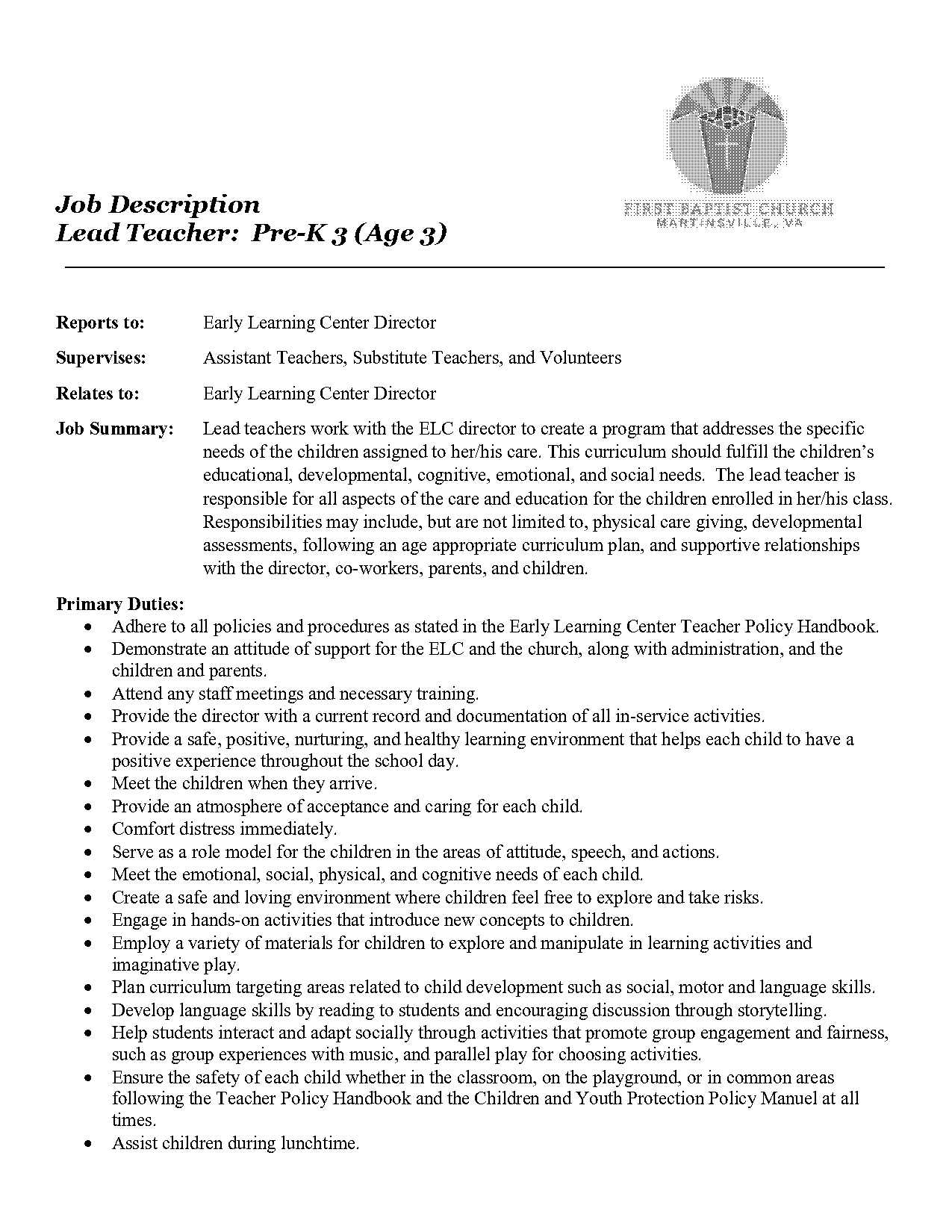 pre k lead teacher resume