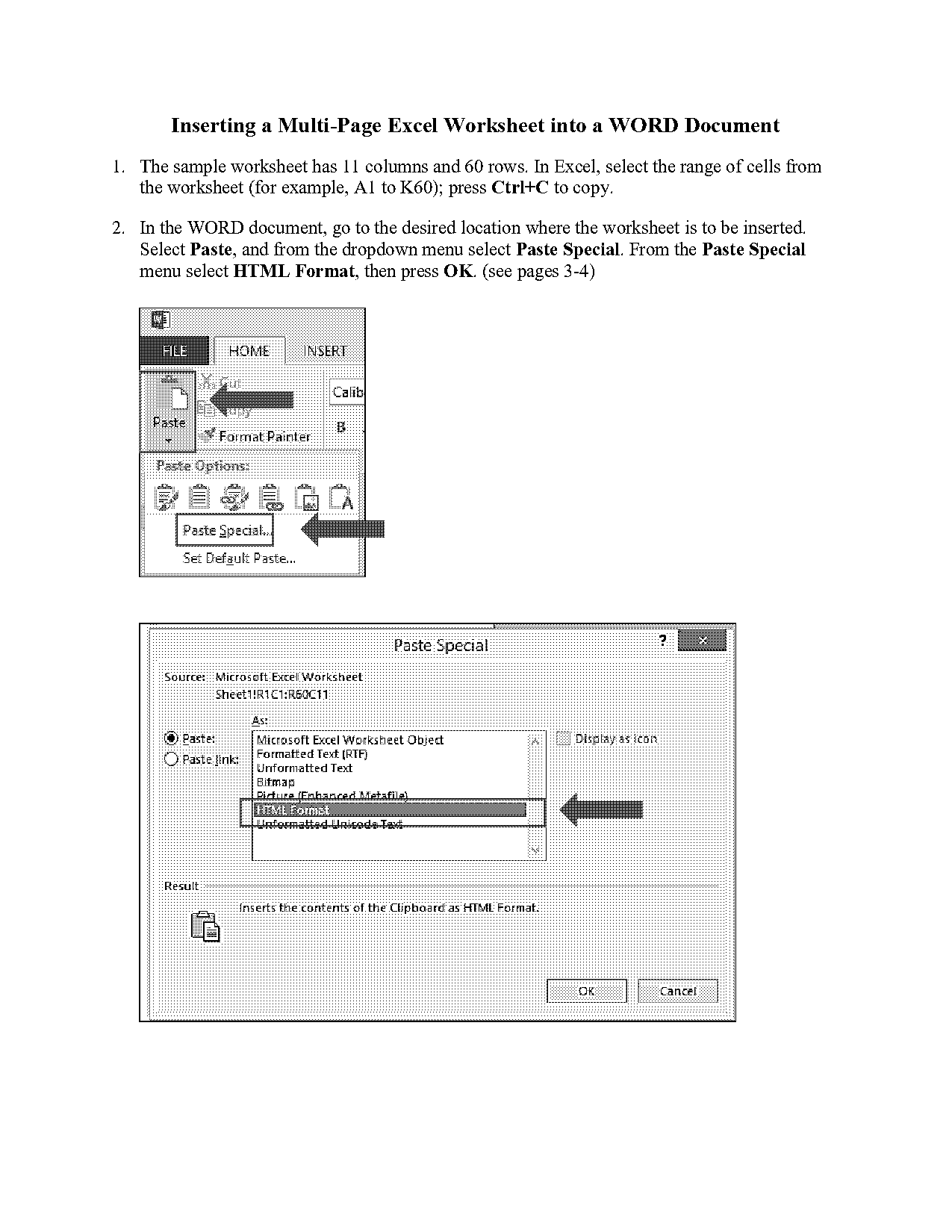 copy paste into table from excel to word