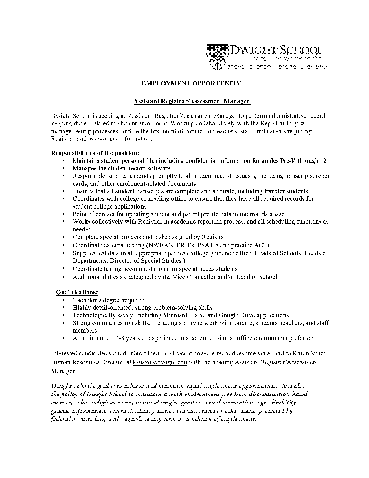 assistant registrar resume cover letter