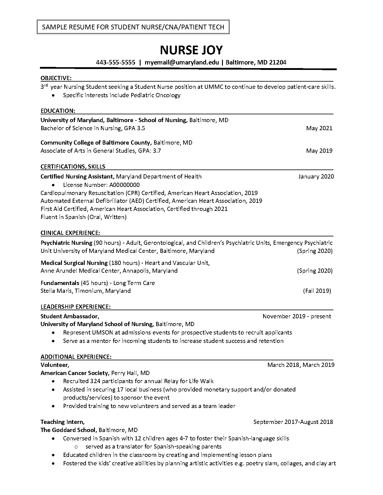 writing a nursing student resume