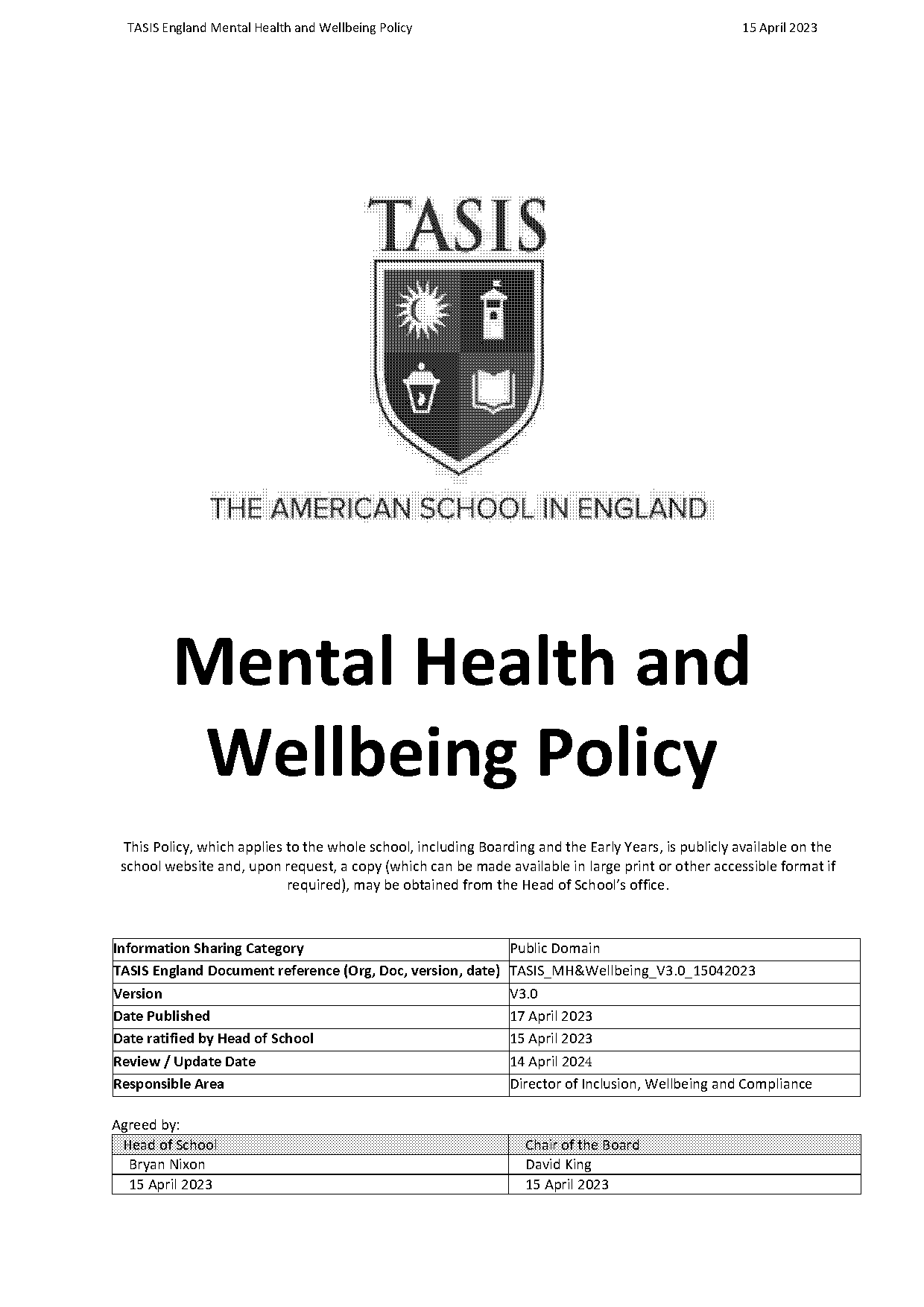 mental health and wellbeing policy