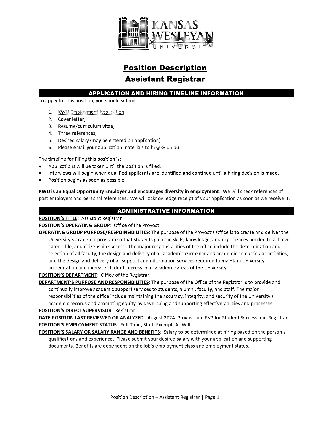 assistant registrar resume cover letter