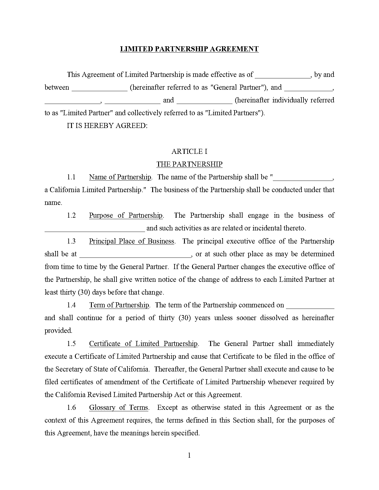 sample california general partnership agreement